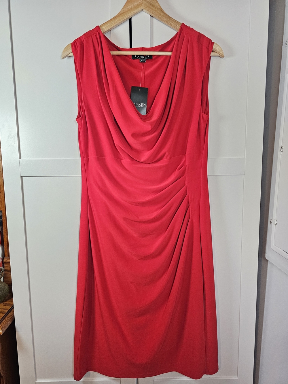 NWT Lauren Ralph Lauren Red Cowl Neck Ruched Jersey Sheath Dress Size 14 Career